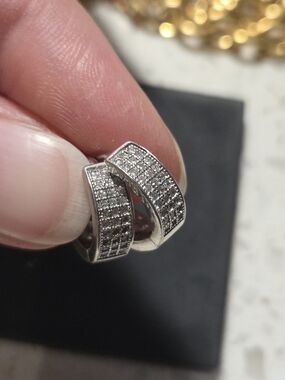 Sterling Silver Pavé Hoop Earrings with Clear Stones - Women Jewelry
